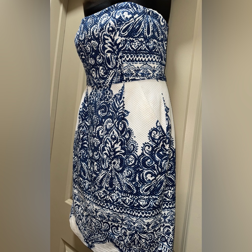 J. Crew Collection Ella Porcelain Paisley Blue White Strapless Dress size 6 - Picture 6 of 13